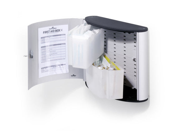 Durable Erste-Hilfe-Kasten M – DIN 13164, gefüllt, für Wandbefestigung, silber