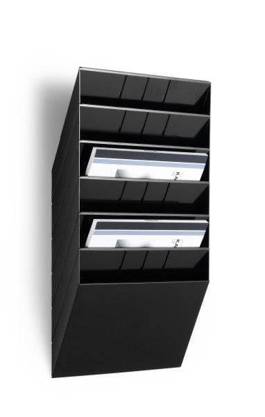 Durable Wandprospekthalter FLEXIBOXX 6 – für A4, 6 Fächer, Fachtiefe 24 mm, Schwarz, B 348 × H 620 × T 95 mm