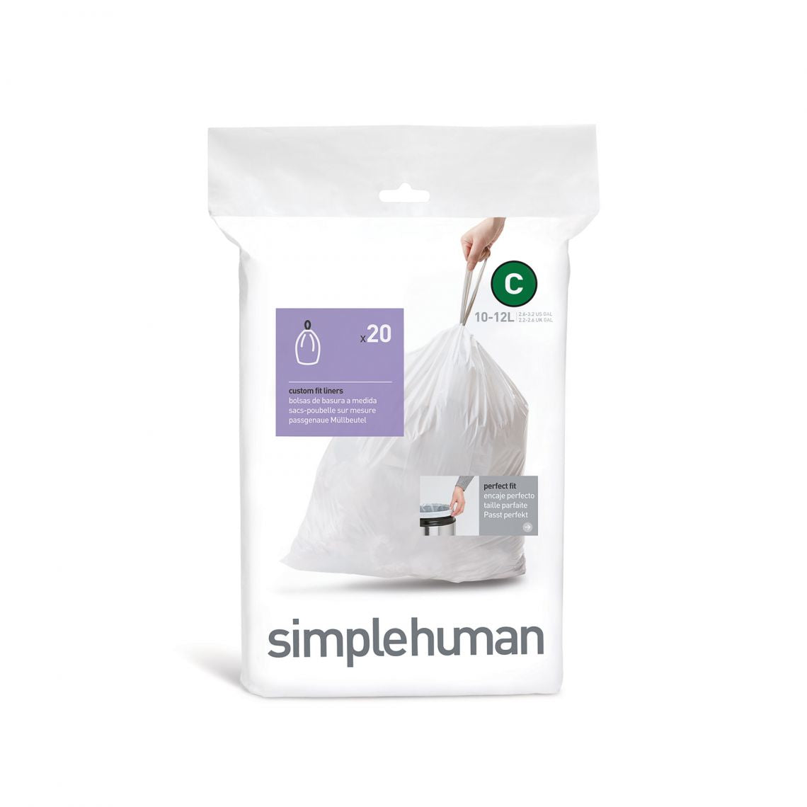 simplehuman Kehrichtsack – 10 l, mit Zugband, PE, weiss, 20 Stk