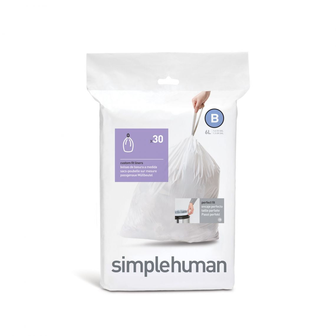 simplehuman Kehrichtsack für Code B – 6 l, mit Zugband, PE, weiss, 30 Stk
