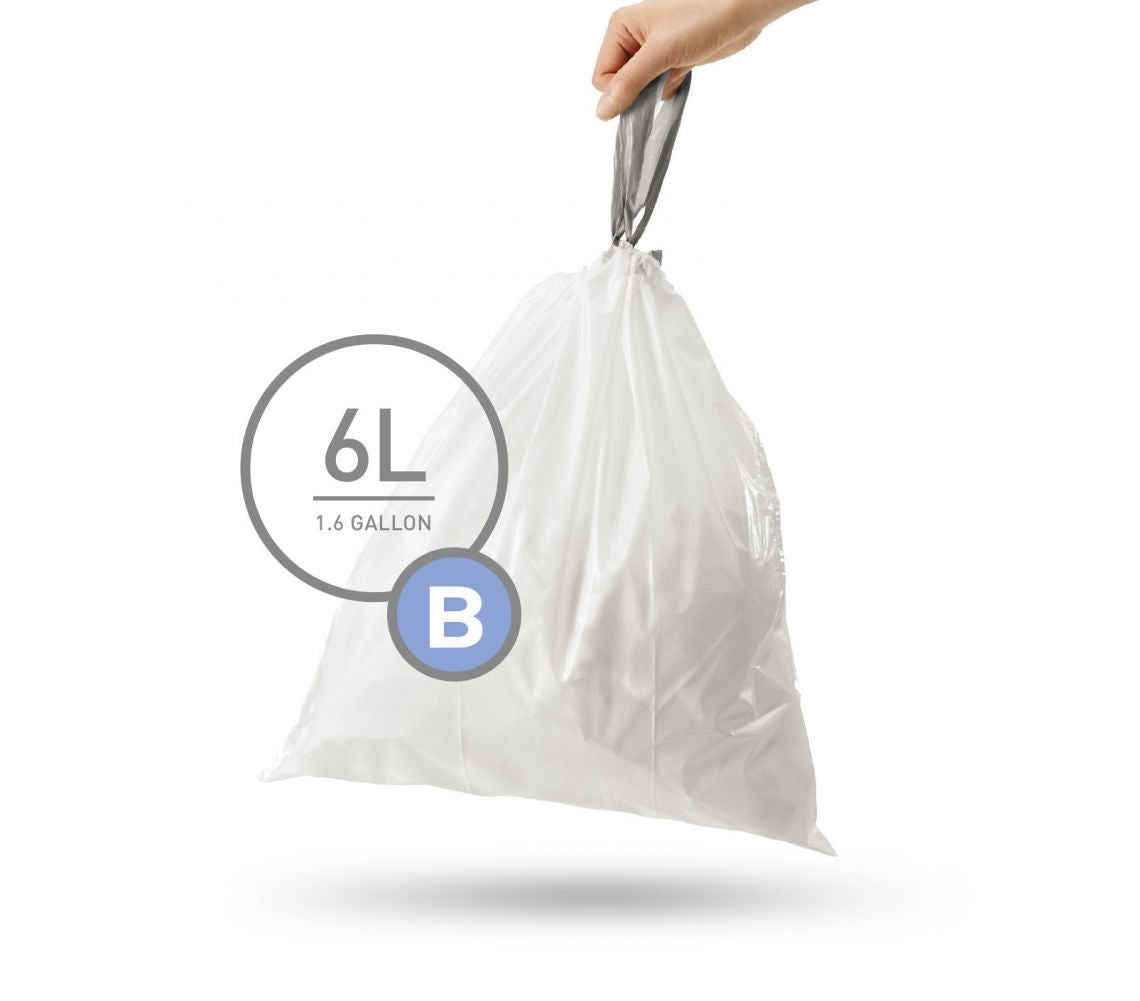 simplehuman Kehrichtsack für Code B – 6 l, mit Zugband, PE, weiss, 30 Stk
