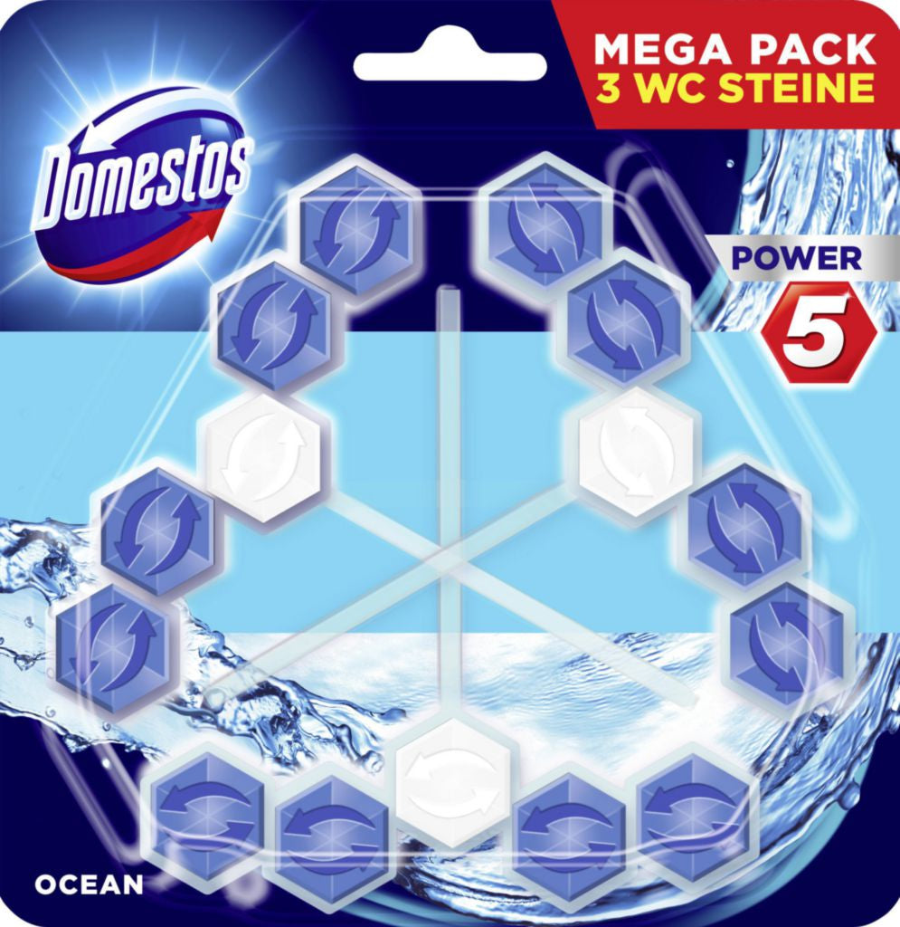 Domestos WC-Stein Power 5 – Kunststoff, Blau, Ozean-Duft, 3er-Pack