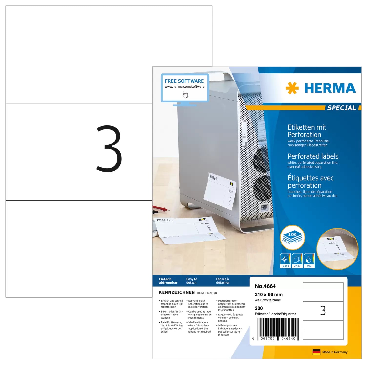 HERMA Drucketiketten, 210 mm × 99 mm, weiss, Papier, permanent, 300 Etiketten (100 Blatt)
