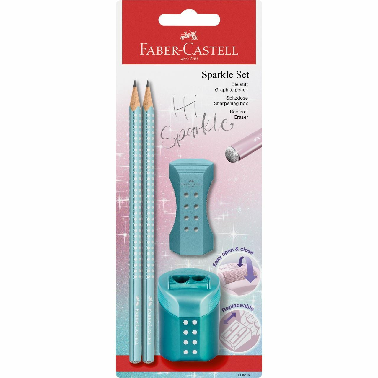 Faber-Castell Grip Hi Sparkle Bleistift, Dreikant, B, Mine Ø 2 mm, Ocean Metallic – 4-teiliges Set