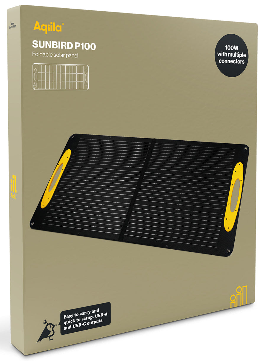 Aqiila Sunbird P100 Solarpanel-Ladegerät 100 W – Monokristallin, IP65, USB-C×1, USB-A×1