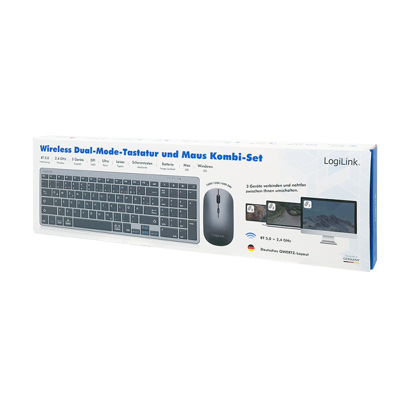 LogiLink Tastatur-Maus-Set – Bluetooth & 2,4 GHz – QWERTZ (DE) – Grau/Anthrazit
