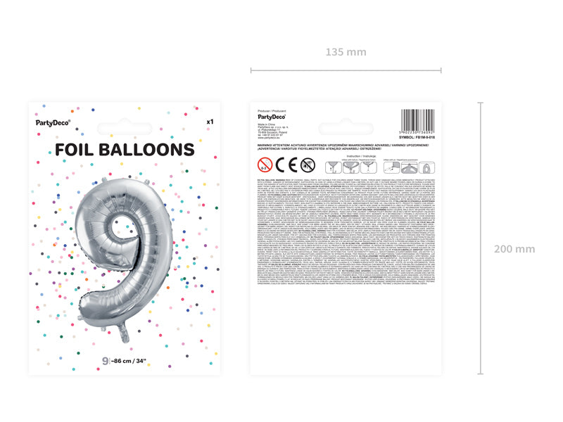 PartyDeco Folienballon Zahl 9 – Silber – 86 cm – Folie – 1 Stück