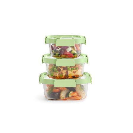 Lékué Vorratsdose 1 l, 23 × 22 × 13 cm, Glas (Borosilikat), 3er-Set, transparent/grün