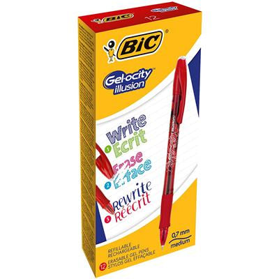 BIC Gel-ocity Illusion Gelschreiber, Kappe – Rot, Spitze 0,7 mm, radierbar, nachfüllbar, 12er-Set