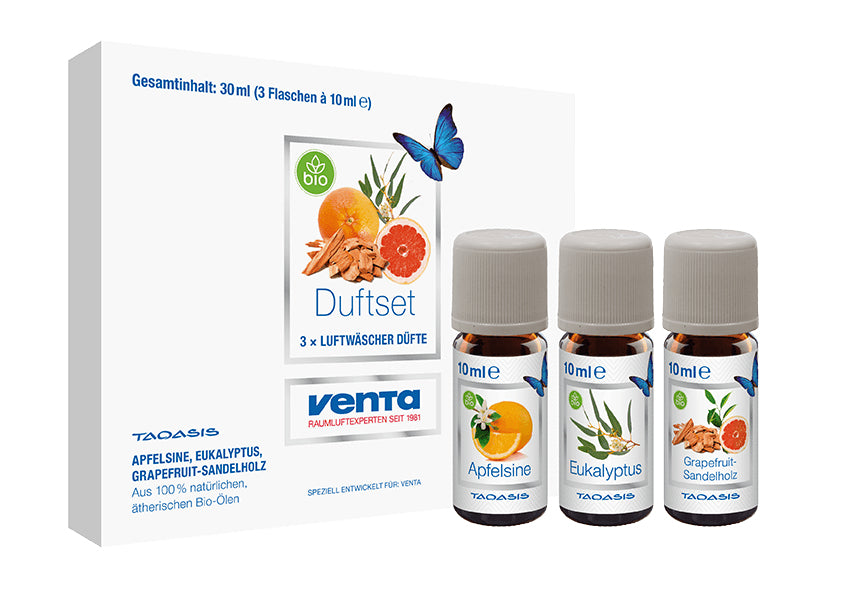 Venta Bio-Duftset 1 – Duftöl-Set, Apfelsine, Eukalyptus, Grapefruit, 3 × 10 ml