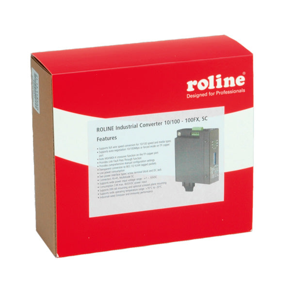 ROLINE Medienkonverter – 1× RJ-45 10/100, 1× SC 100Base-FX, Multimode, Hutschiene, schwarz