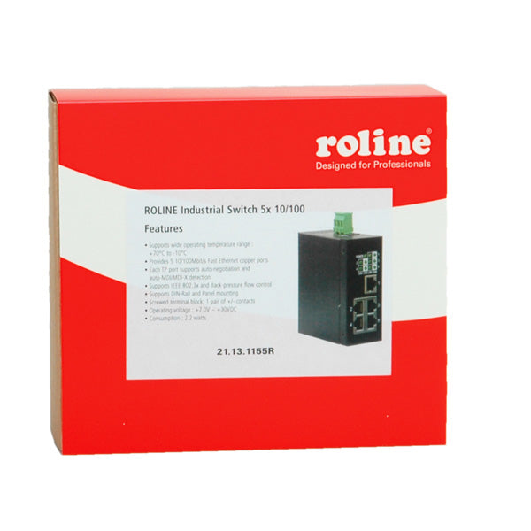 ROLINE Industrie Switch – 5×Fast Ethernet, Hutschiene, Schwarz