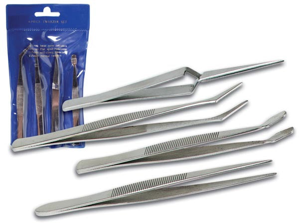 Velleman Pinzettenset – 4-teilig, gebogen, flach, selbstschliessend, universal – Edelstahl, antimagnetisch