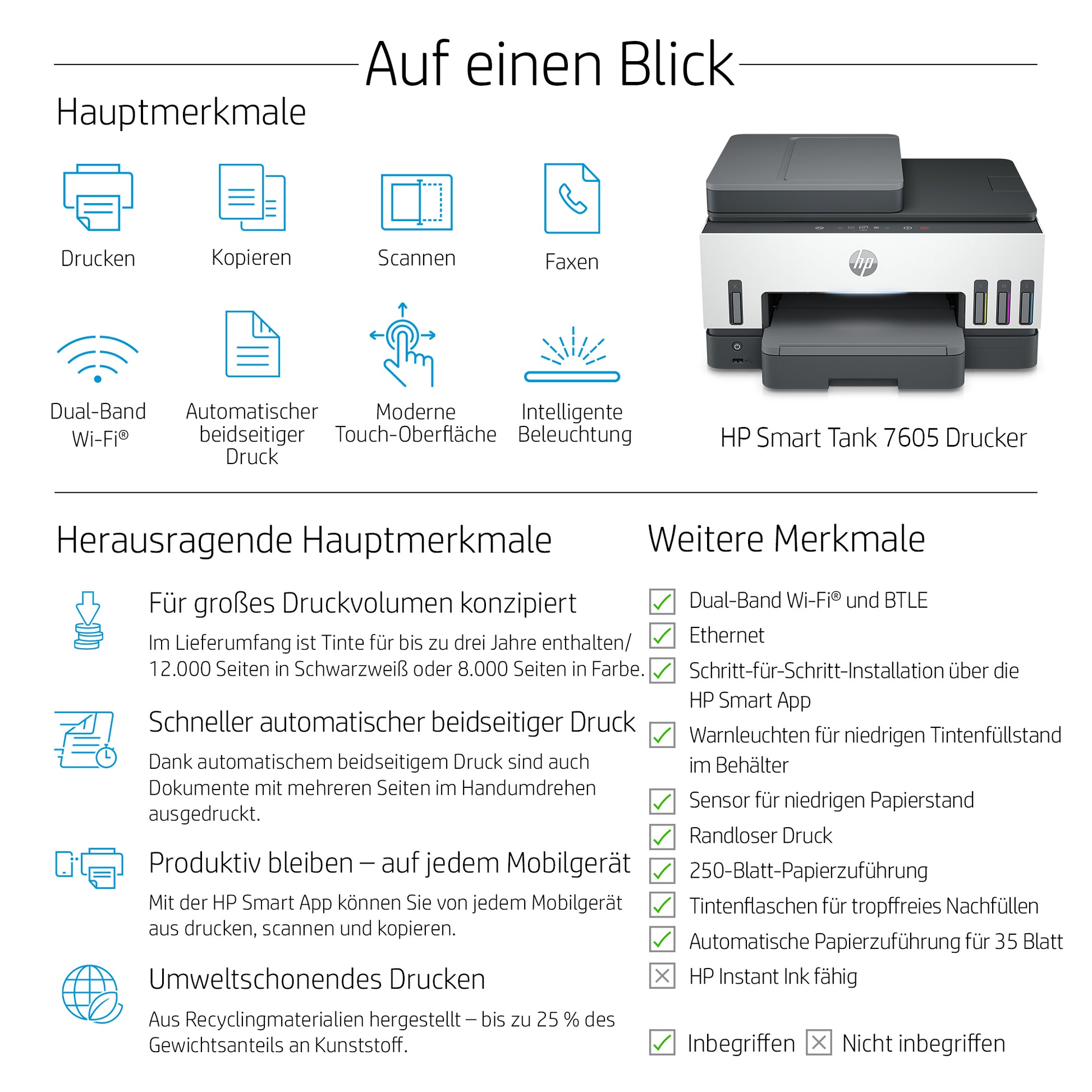 HP SMART TANK 7605 – Farbiger Tintenstrahl-MFP A4, 3-in-1 – 28 S./Min. S/W