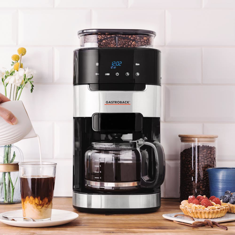 Gastroback 42711 Filterkaffeemaschine – 8 Tassen, 1 l, Karaffe, Schwarz/Edelstahl, 21,3 × 43 × 31,4 cm