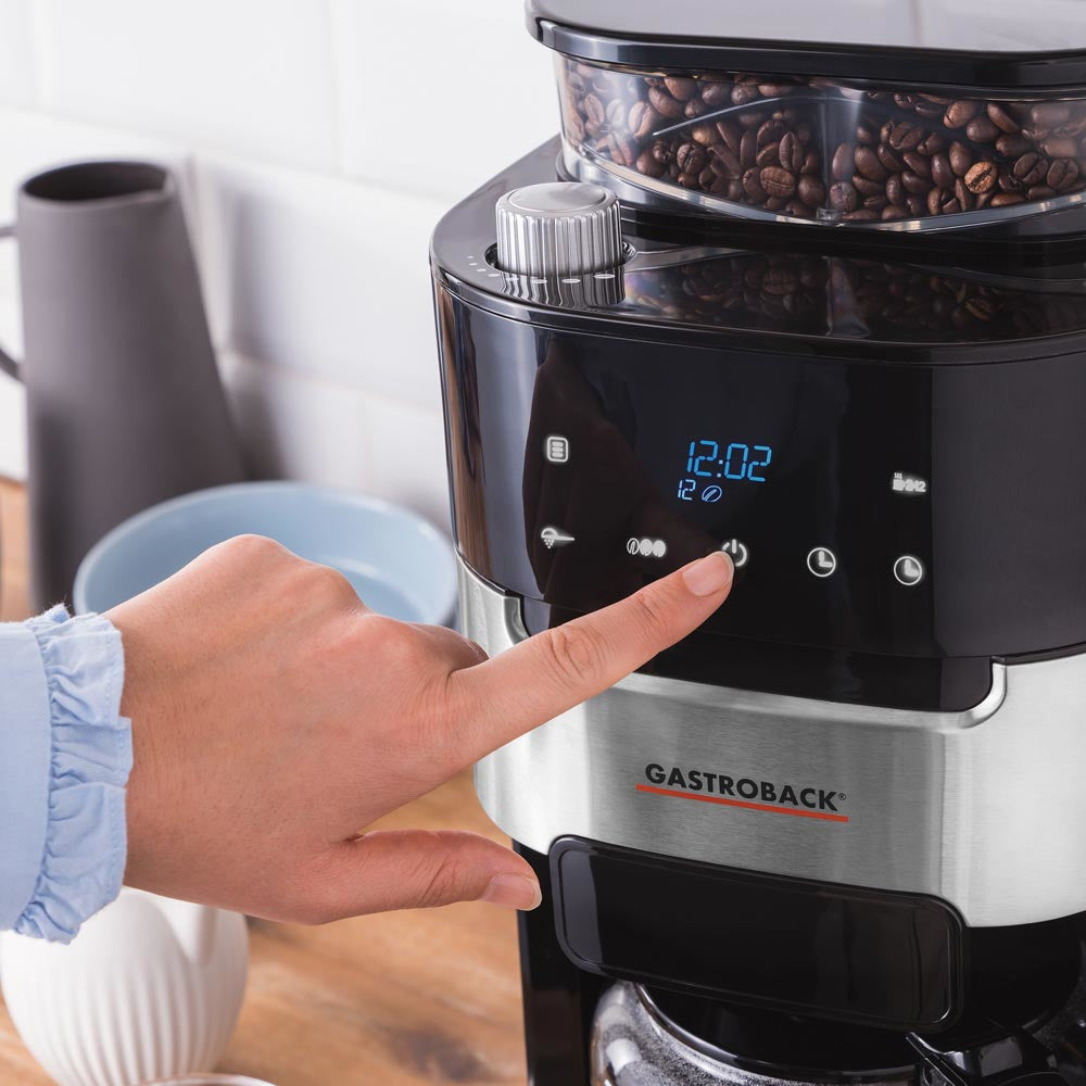 Gastroback 42711 Filterkaffeemaschine – 8 Tassen, 1 l, Karaffe, Schwarz/Edelstahl, 21,3 × 43 × 31,4 cm
