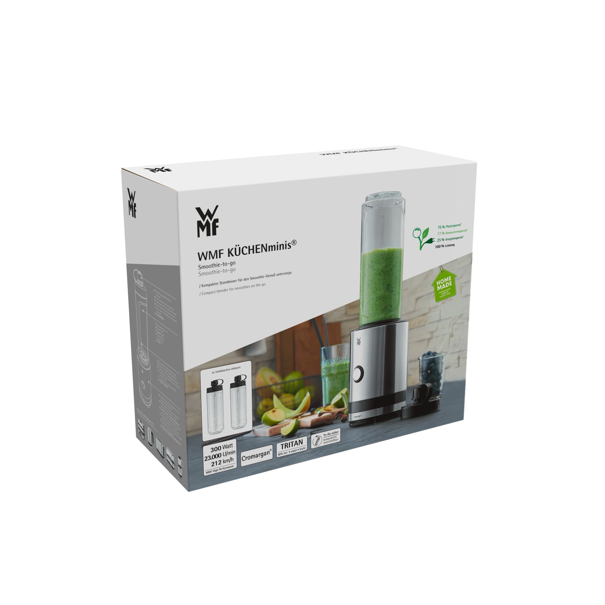WMF Smoothie-Mixer KÜCHENminis 0416500011 – 0,6 l, 300 W, To-Go – silber/edelstahl