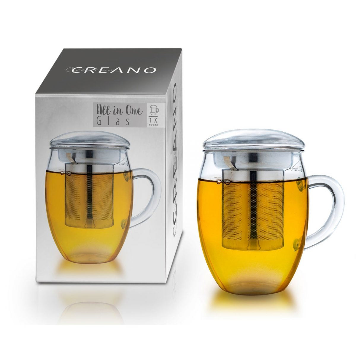 Creano Teeglas – 400 ml, Borosilikatglas, Transparent, mit Edelstahl-Deckel, spülmaschinenfest