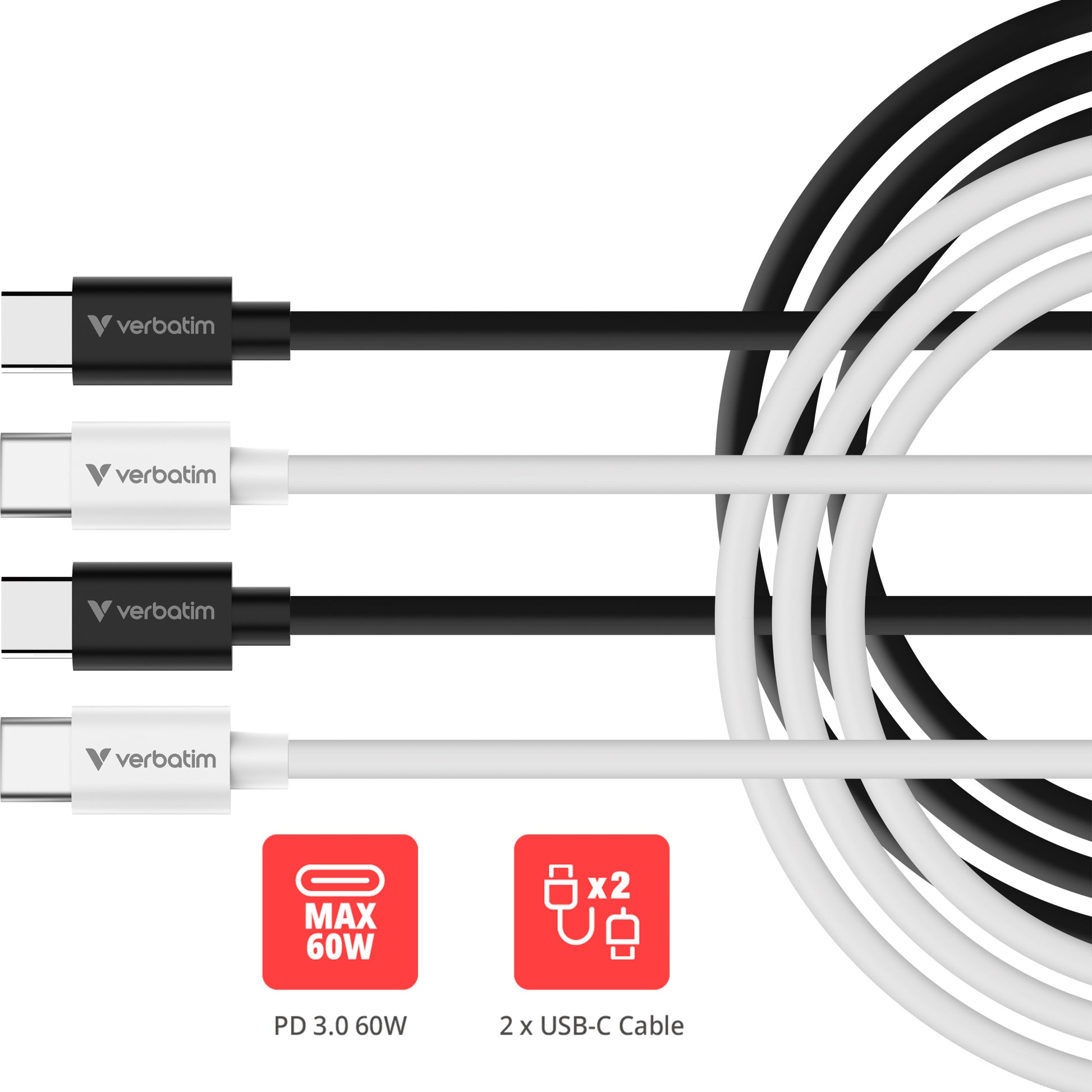 Verbatim USB-C auf USB-C Kabel – USB 2.0 (480 Mbit/s) – 1 m – PD 60 W – Schwarz/Weiss – 2er-Set