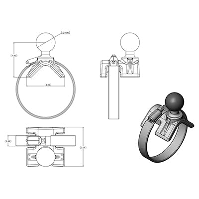 RAM Mounts RAM-B-108B-STRAP40U – Kugel-Basis mit Gurt, Aluminium, 2,5 cm Kugeldurchmesser, Schwarz