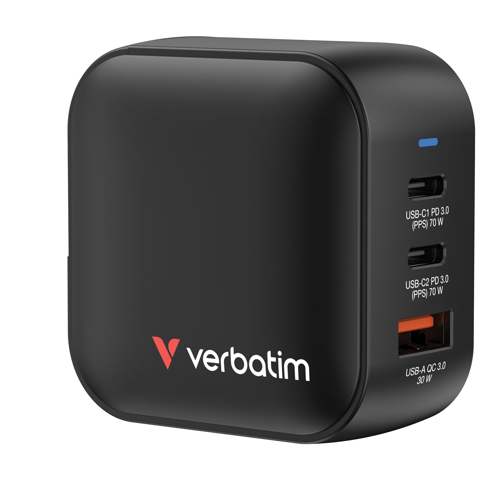 Verbatim Mini GaN Ladegerät 70 W USB-Ladegerät – USB-C×2, USB-A×1 – PD, PPS, QC 3.0