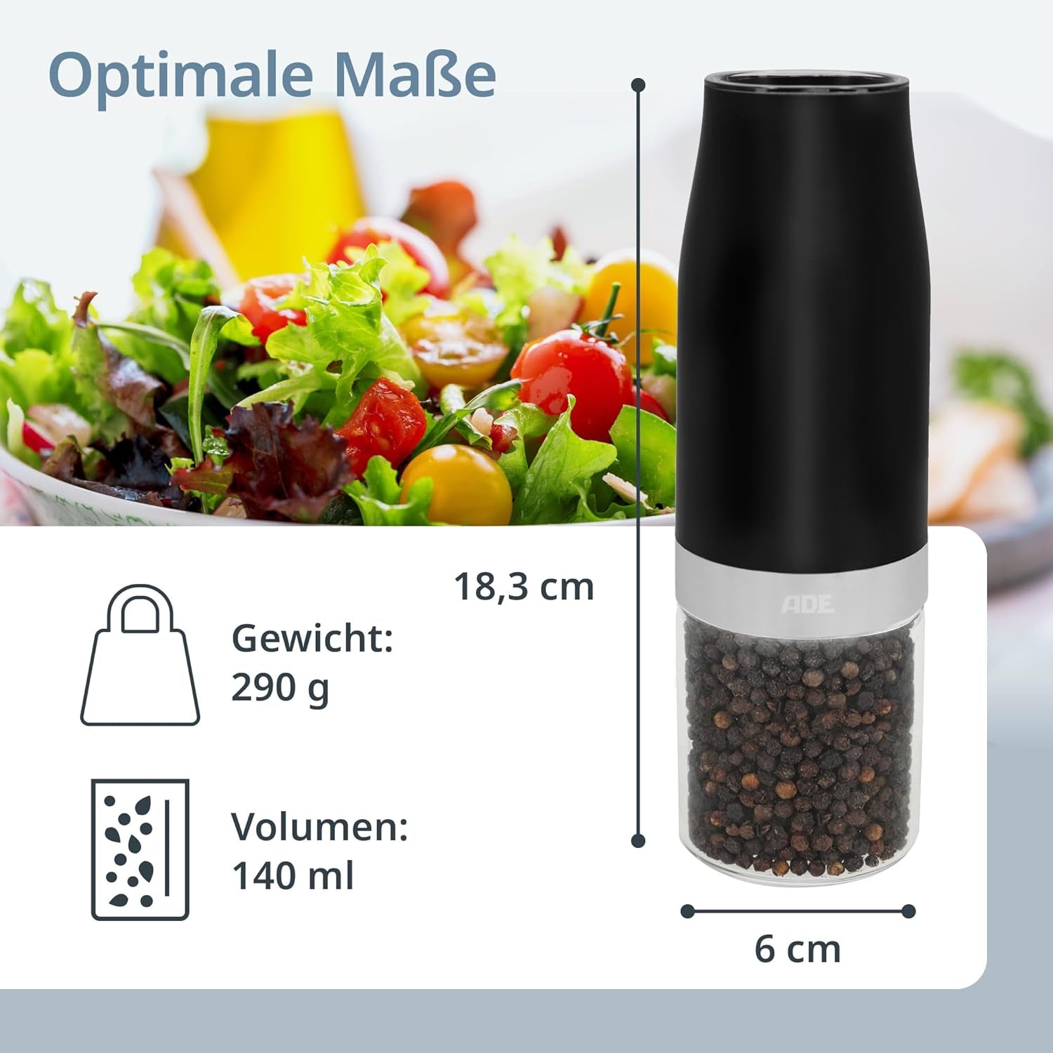 ADE Salz-/Pfeffermühle 18,3 cm, Glas/ABS, Keramikmahlwerk, Schwarz