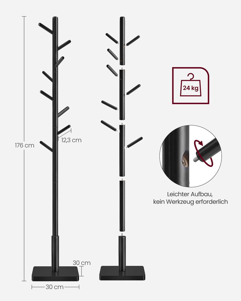 Vasagle Garderobenständer – 8 Haken, Gummibaumholz/MDF, Schwarz, 30 × 30 × 175 cm