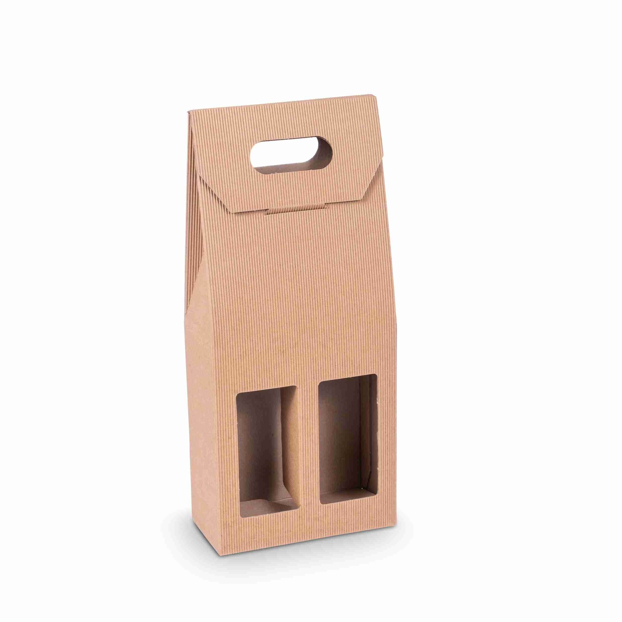 Model Weinpräsentkarton Onda Avana, braun – Innenmass 180 × 385 × 90 mm – für 2 Flaschen – 1 Palette (5'250 Stk.)