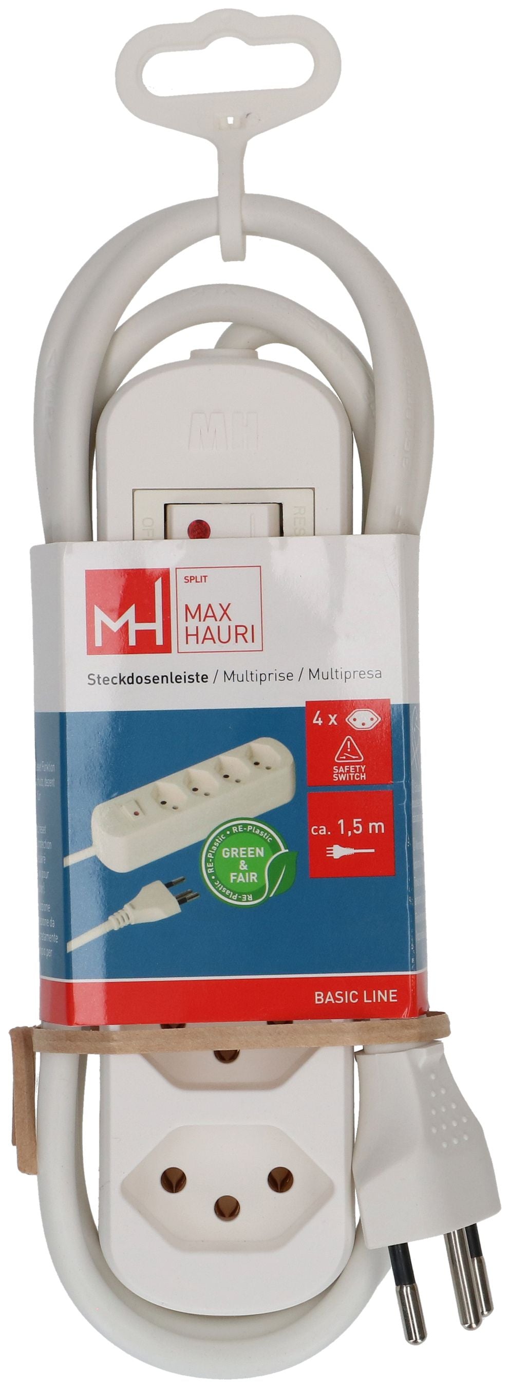 Max Hauri AG Max Hauri Basic Line Steckdosenleiste – 4× T13, 1,5 m, mit Schalter, Weiss