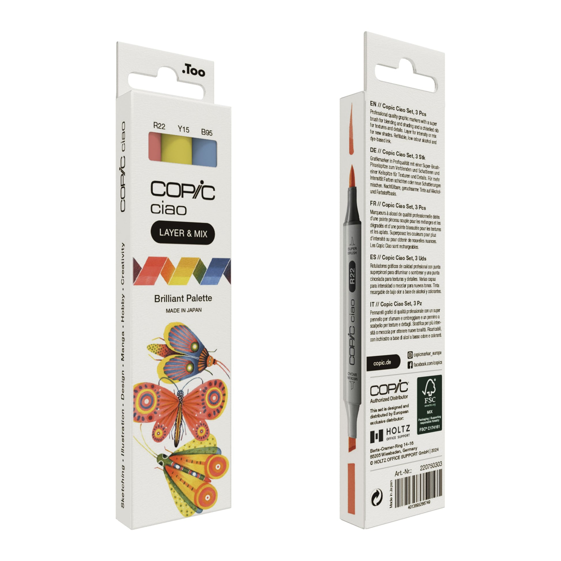 Copic Ciao Brush Pens, Doppelspitze, Brilliant Palette – Kombi (Pinsel + Meissel), alkoholbasiert, 3er Set