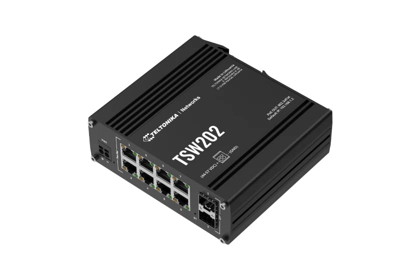 Teltonika TSW202 – Managed L2/L3 Switch – 8× 1G, 2× SFP, PoE+, PoE-Budget 240 W, DIN-Schiene
