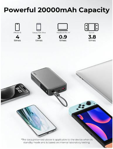 AUKEY Powerbank 20000 mAh, PD 100 W, mit integriertem USB-C-Kabel, für Smartphones, Weiss/Grau