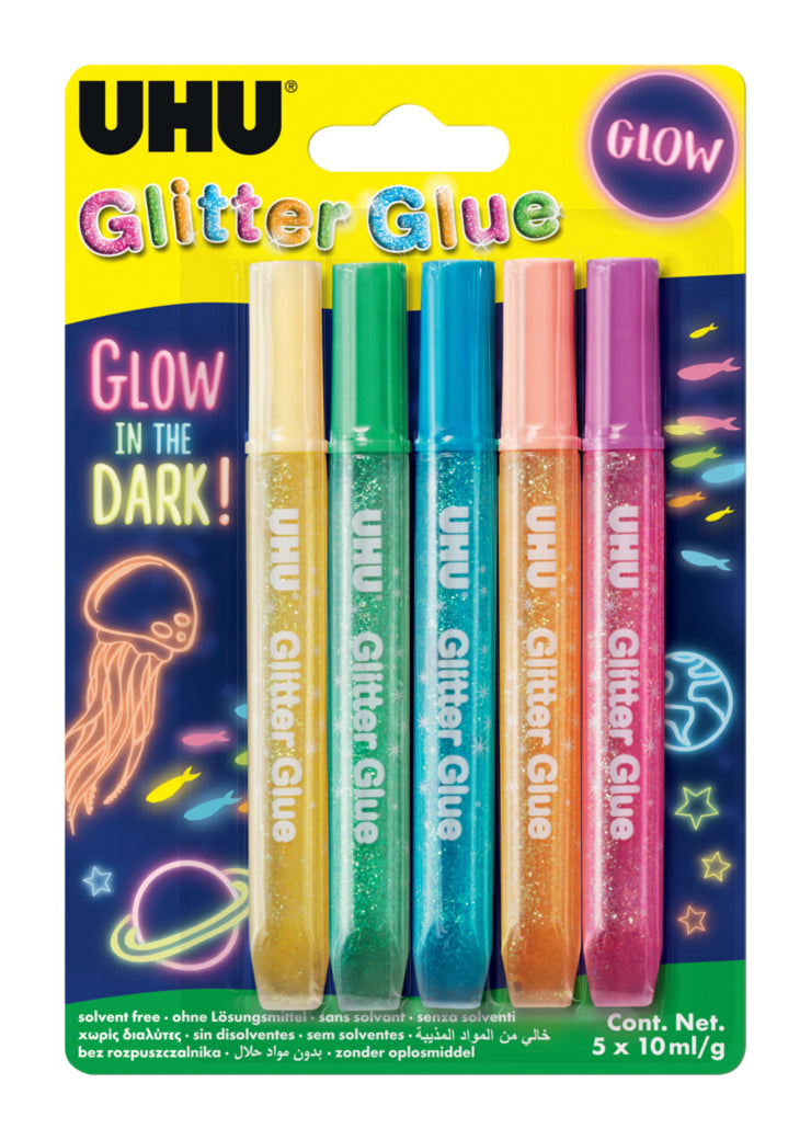 UHU Glitzerkleber – farbig sortiert – Set 5 × 10 ml – auswaschbar, lösemittelfrei