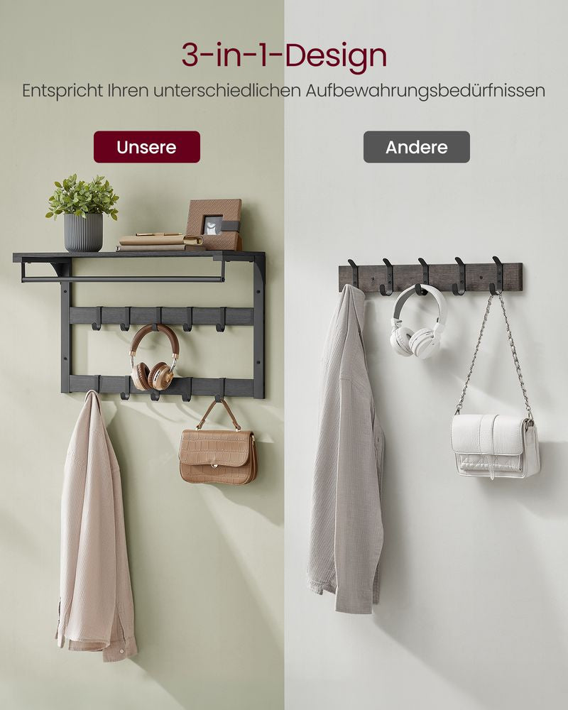 Vasagle Wandgarderobe – 10 Haken, mit Ablage, Stahl/Spanplatte, Schwarz, 65 × 30 × 42 cm