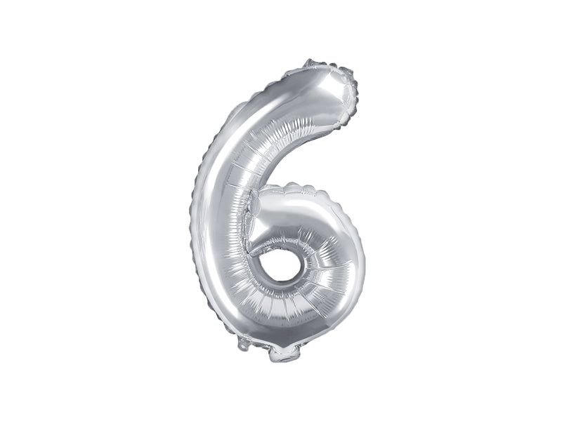 PartyDeco Folienballon Zahl 6 – 35 cm – Folie, Silber