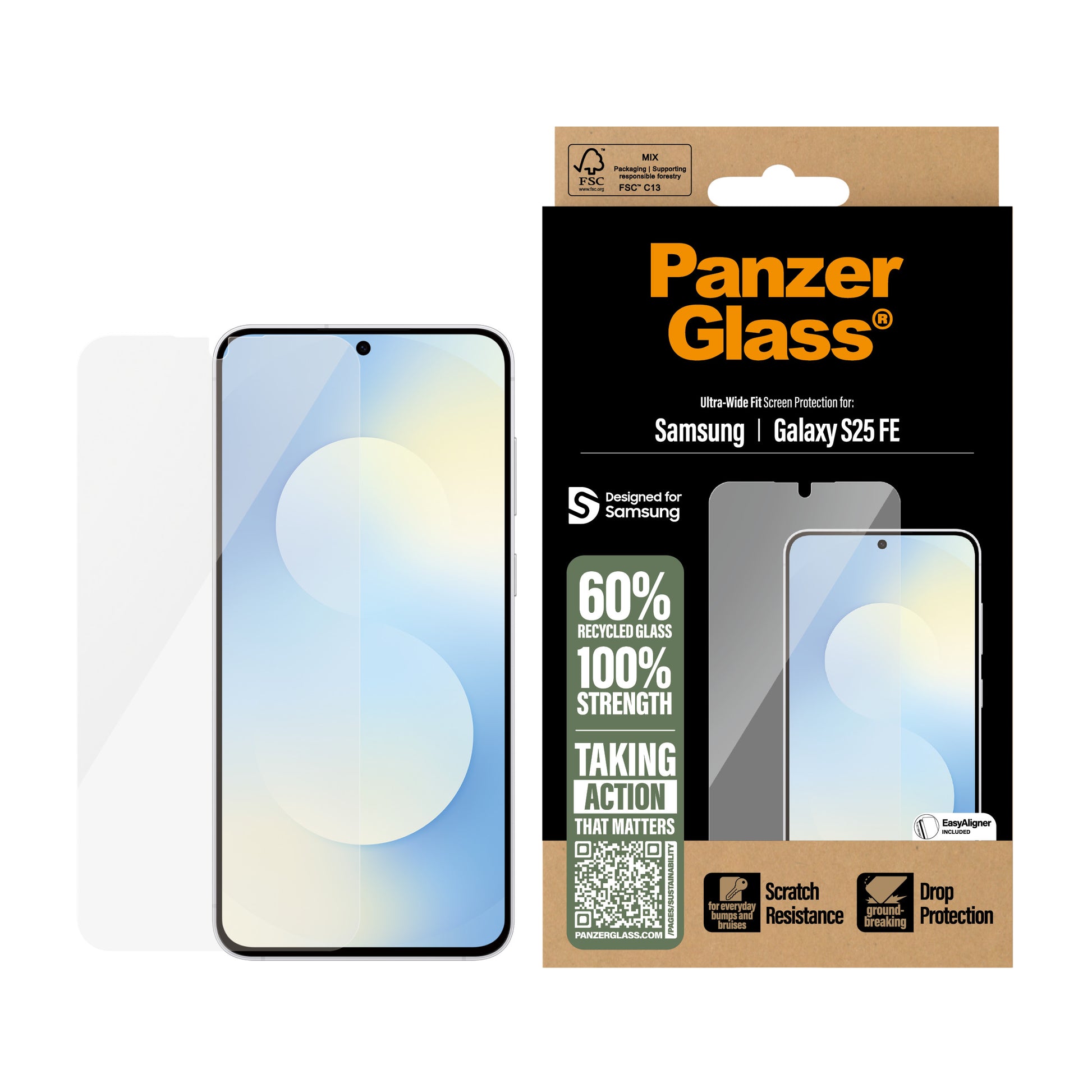 PanzerGlass Ultra Wide Fit – für Samsung Galaxy S25 FE – kratzfest, mit Easyaligner