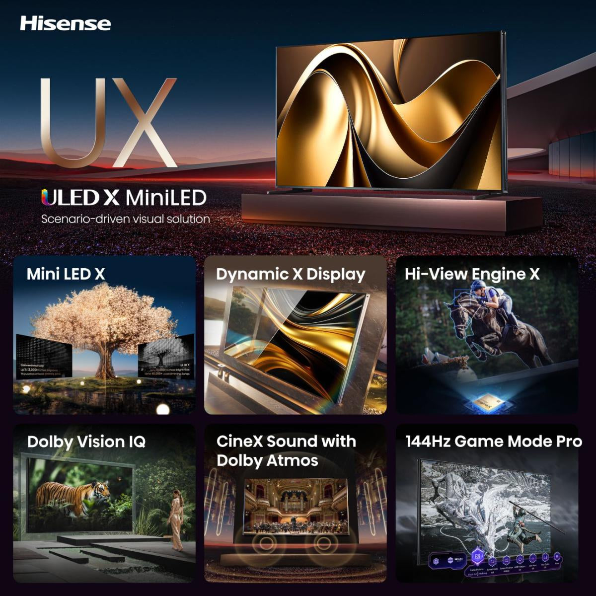 Hisense 85UXNQ – 85" TV – 4K UHD – ULED (Mini-LED) – VIDAA U9 – 165 Hz – 5000 cd/m² – Dolby Vision, HDR10+