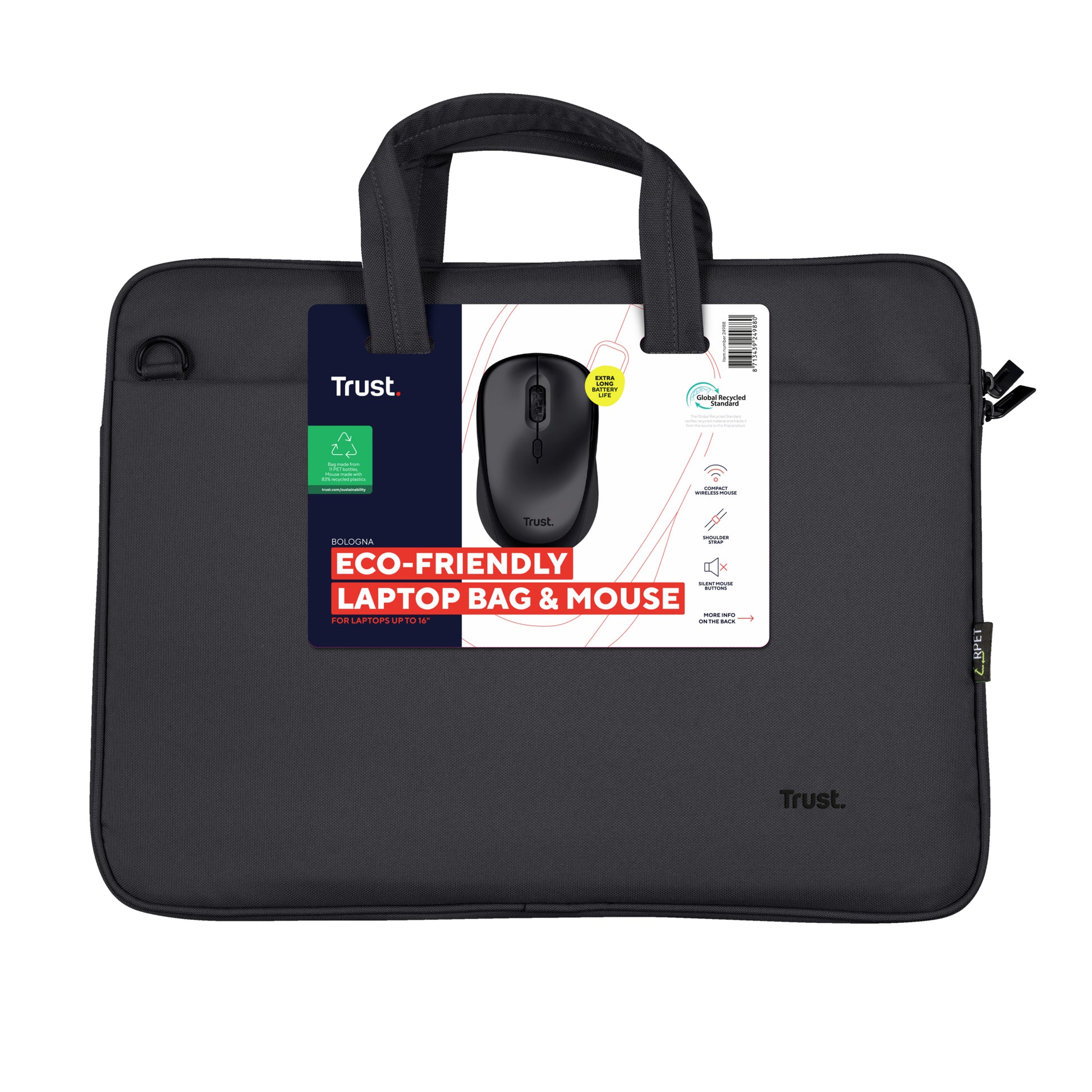 Trust Notebook-Tasche – für Notebooks bis 16", Aufsteckfunktion, recyceltes PET (rPET), schwarz