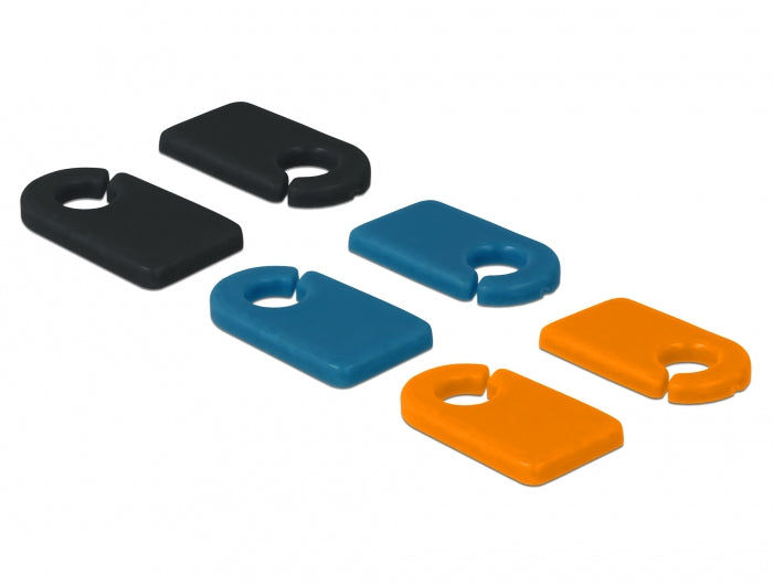 DeLOCK Kabelmarker, 6 Stk., PVC, beschriftbar, Ø 6 mm, Breite 15 mm, Höhe 2,3 mm – schwarz/blau/orange