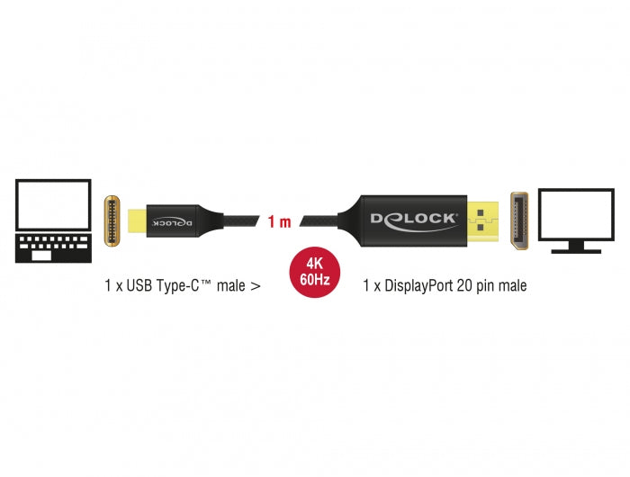 DeLOCK USB-C auf DisplayPort Kabel DP 1.2 4K 60 Hz – 1 m – für Geräte mit USB-C (DisplayPort Alt Mode)