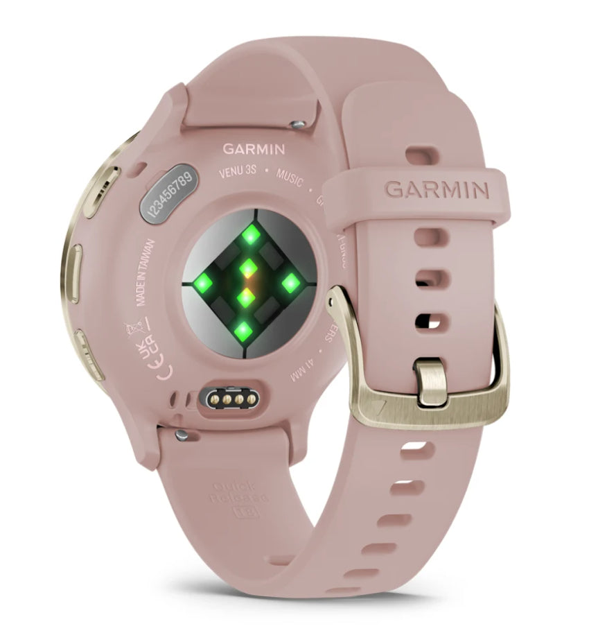Garmin Venu 3S – Smartwatch – 41 mm, 1,2", GPS, WLAN, AMOLED, Gorilla Glass, 50 m, Hellrosa/Gold, Sportarmband