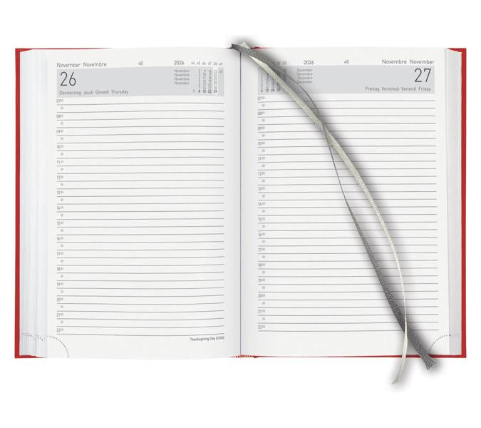 Biella Executive Agenda – 1 Tag pro Seite, gebunden, 14,5 × 20,5 cm, 2026, 1/2-Stunden-Takt, Rot, FSC