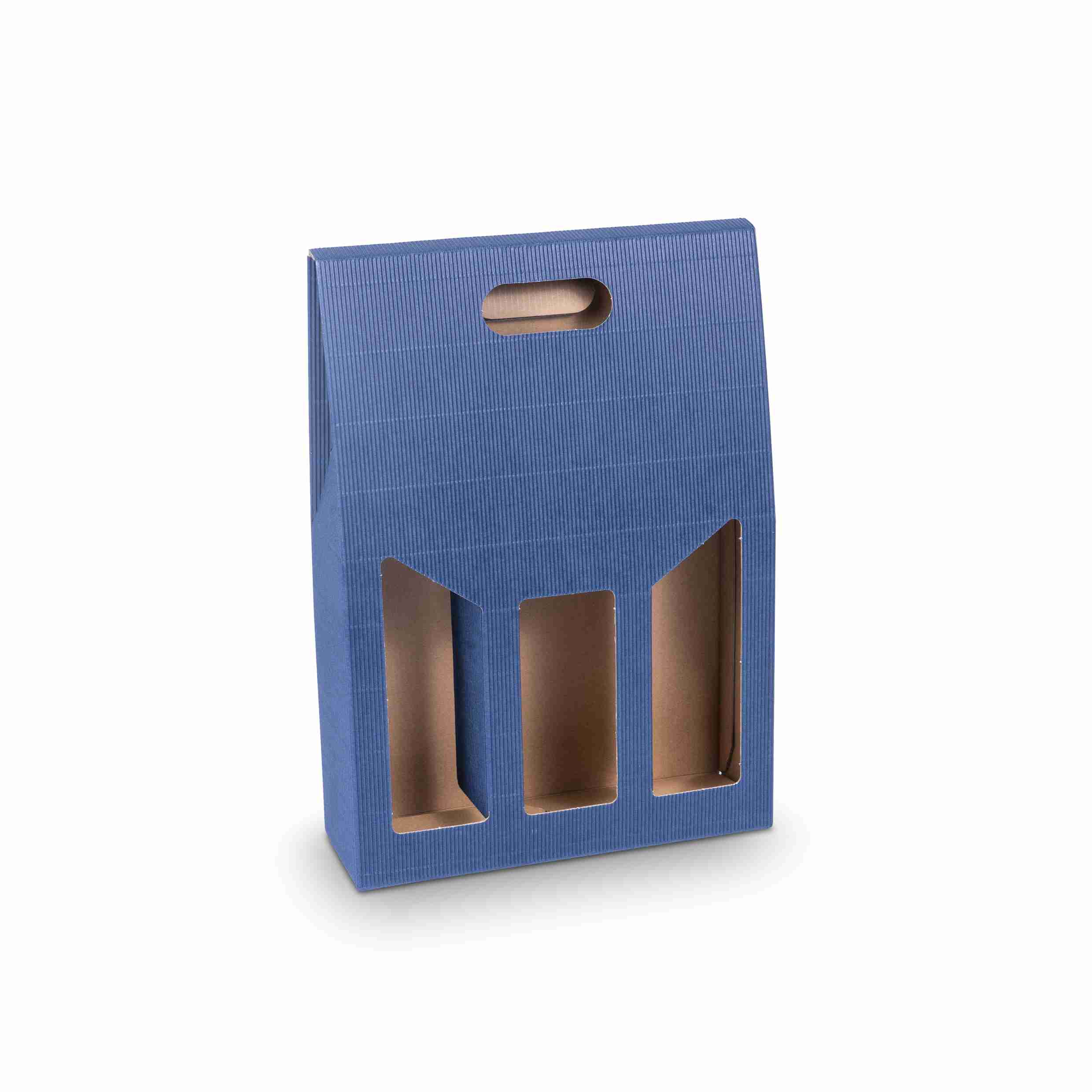 Model Weinpräsentkarton blau – Innenmass 270 × 385 × 90 mm – für 3 Flaschen – 1 Palette (1'700 Stk.)