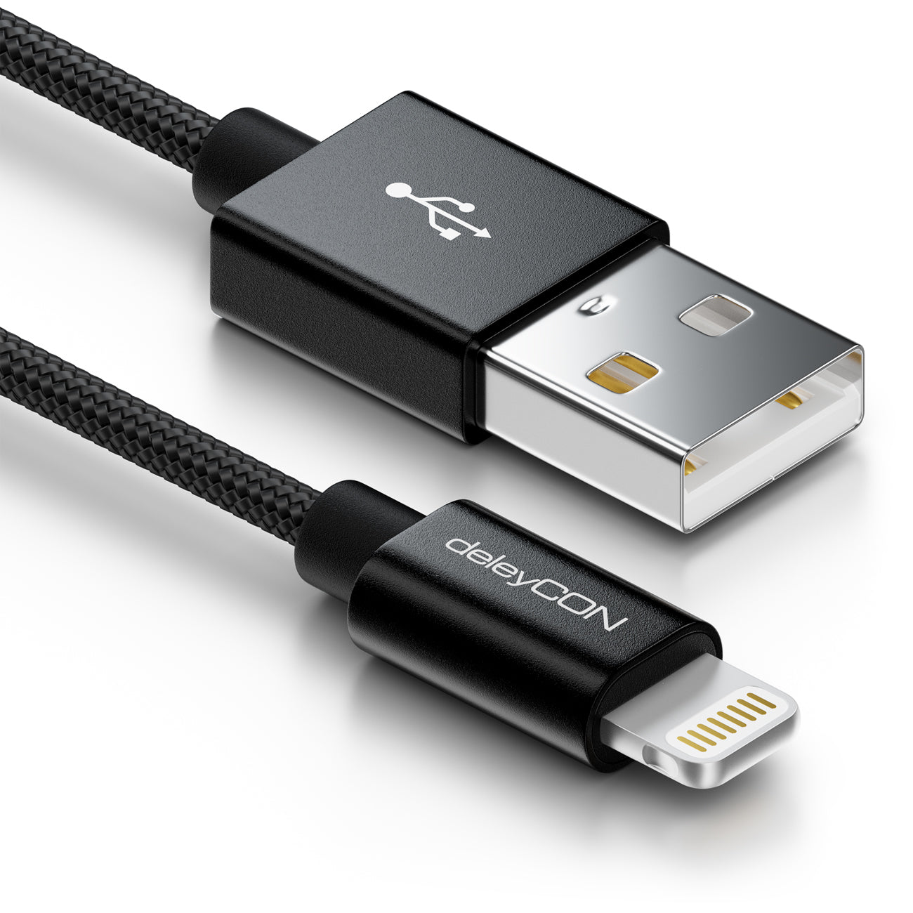 deleyCON Kabel – USB-A auf Lightning 1 m, MFi zertifiziert, geflochten, Schwarz – für iPhone/iPad