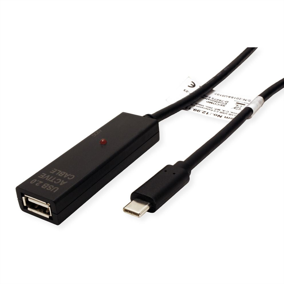 VALUE USB-C Verlängerungskabel (Stecker auf Buchse) – USB 2.0 (480 Mbps) – 20 m – aktiv – Schwarz