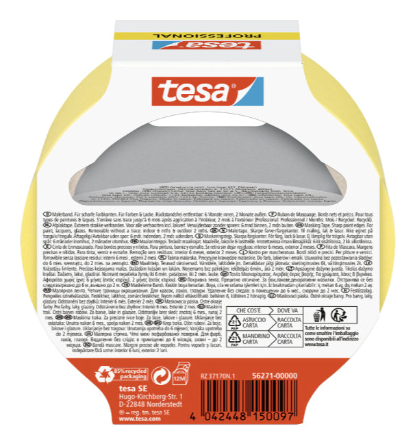 TESA Malerband Precision Indoor, gelb – 38 mm × 25 m, innen/aussen, rückstandsfrei bis 150 Tage