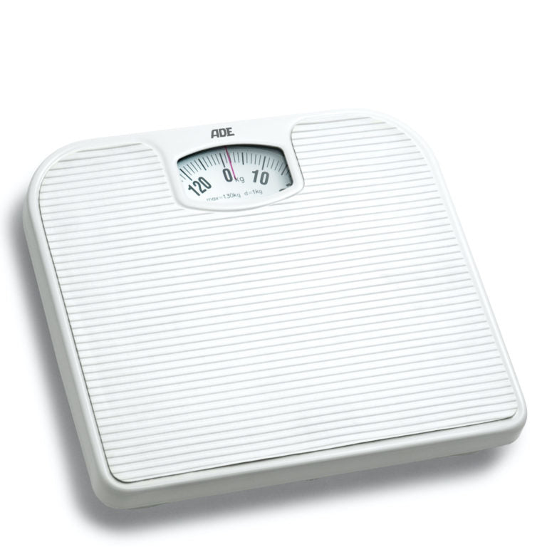 ADE Universalwaage Nina – Tragkraft 130 kg, Teilung 1000 g, Wiegefläche 26,8 × 24,5 cm, Kunststoff, Weiss