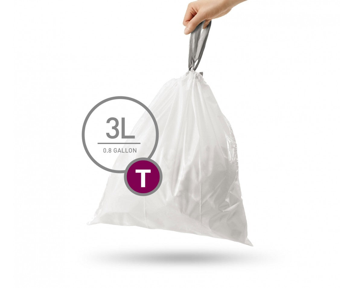 simplehuman Kehrichtsack für Code T – 3 l, mit Zugband, PE, weiss, 40 Stk