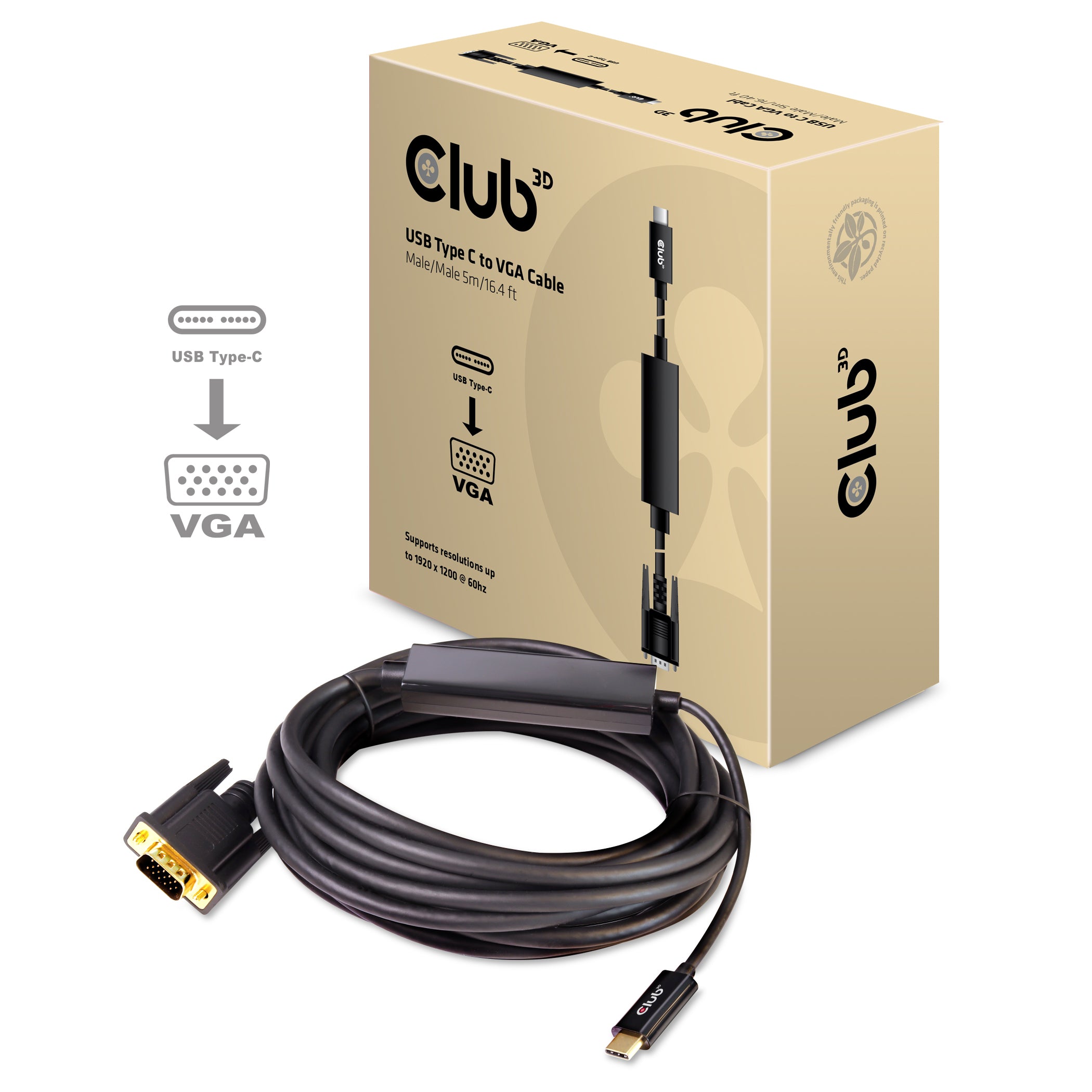 Club 3D USB-C auf VGA Kabel – 5 m, aktiv