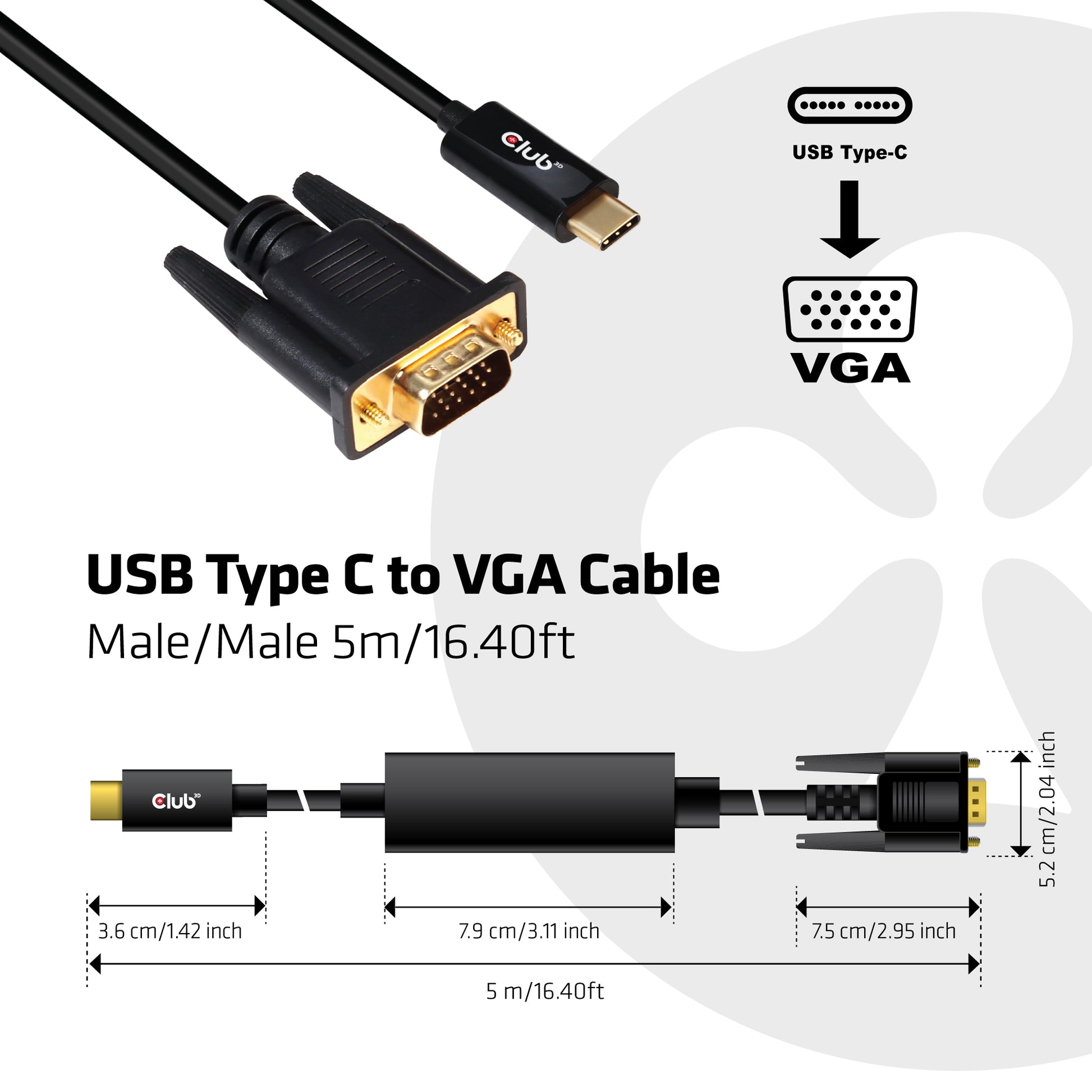 Club 3D USB-C auf VGA Kabel – 5 m, aktiv